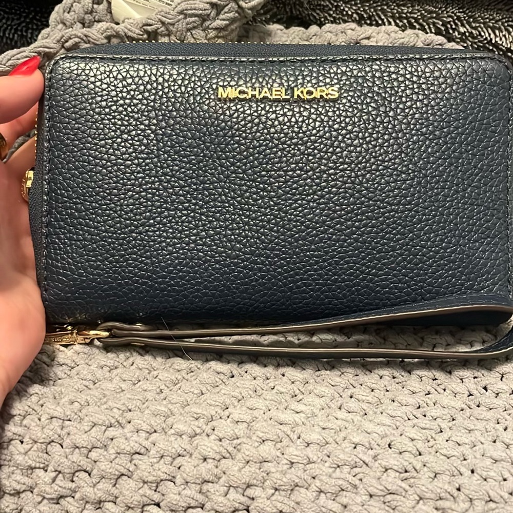 Michael Kors Blue Clutch with Gold Hardware